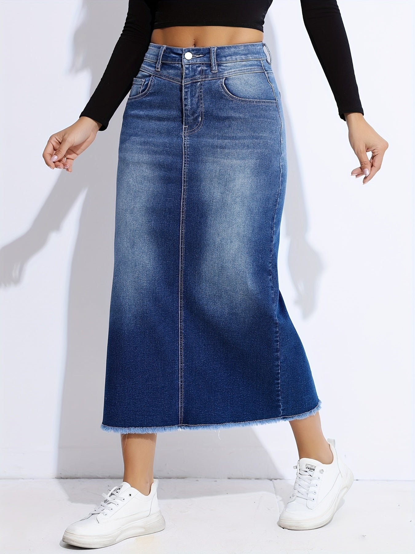 Blue Raw Hem Denim Skirt, High-Stretch Slant Pockets Split Back Denim Midi Skirt, Women's Denim Clothing - Mammalook