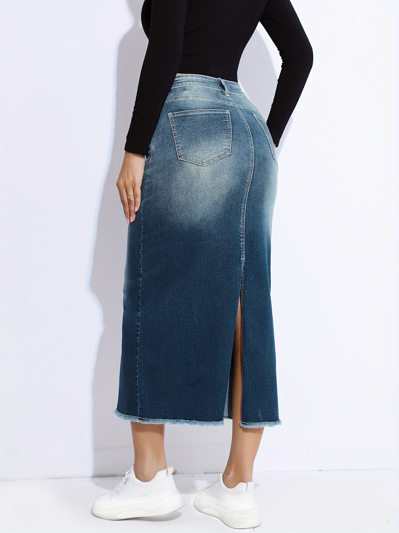 Blue Raw Hem Denim Skirt, High-Stretch Slant Pockets Split Back Denim Midi Skirt, Women's Denim Clothing - Mammalook