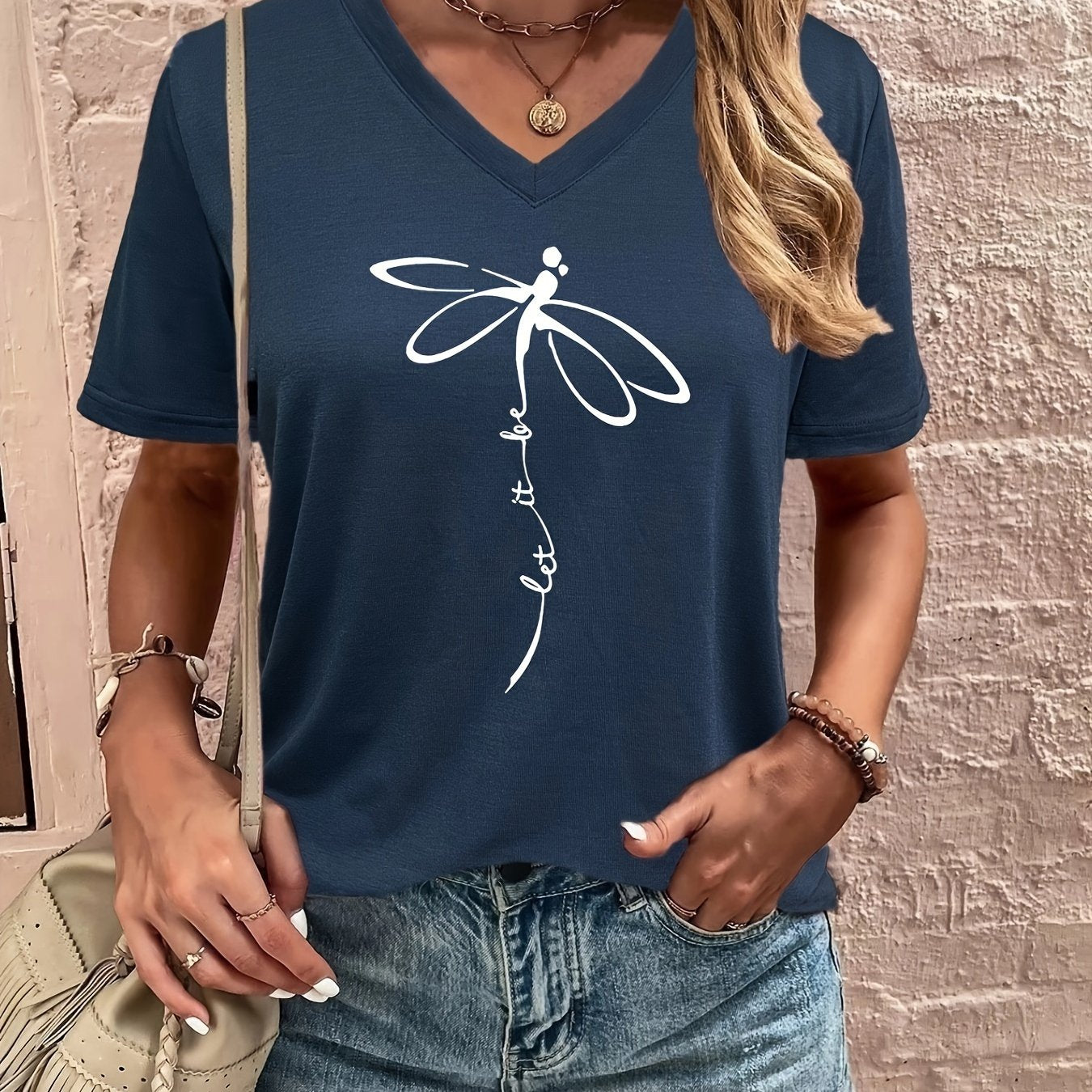 Dragonfly & Letter Print V Neck T-shirt, Casual Short Sleeve T-shirt For Summer, Women's Clothing - Mammalook