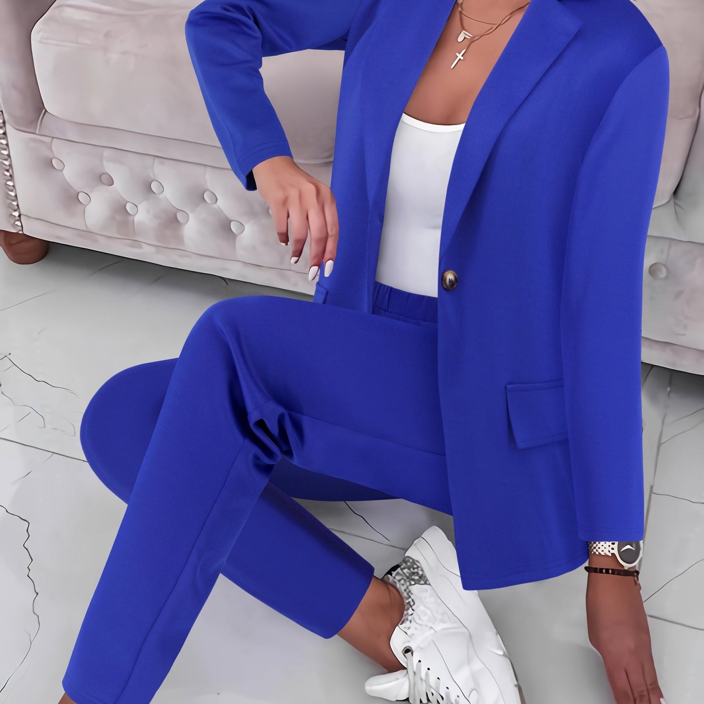 Casual Office & Work Pants Set, Single Breasted Lapel Blazer & Solid Color Simple Pants, Women's Clothing - Mammalook