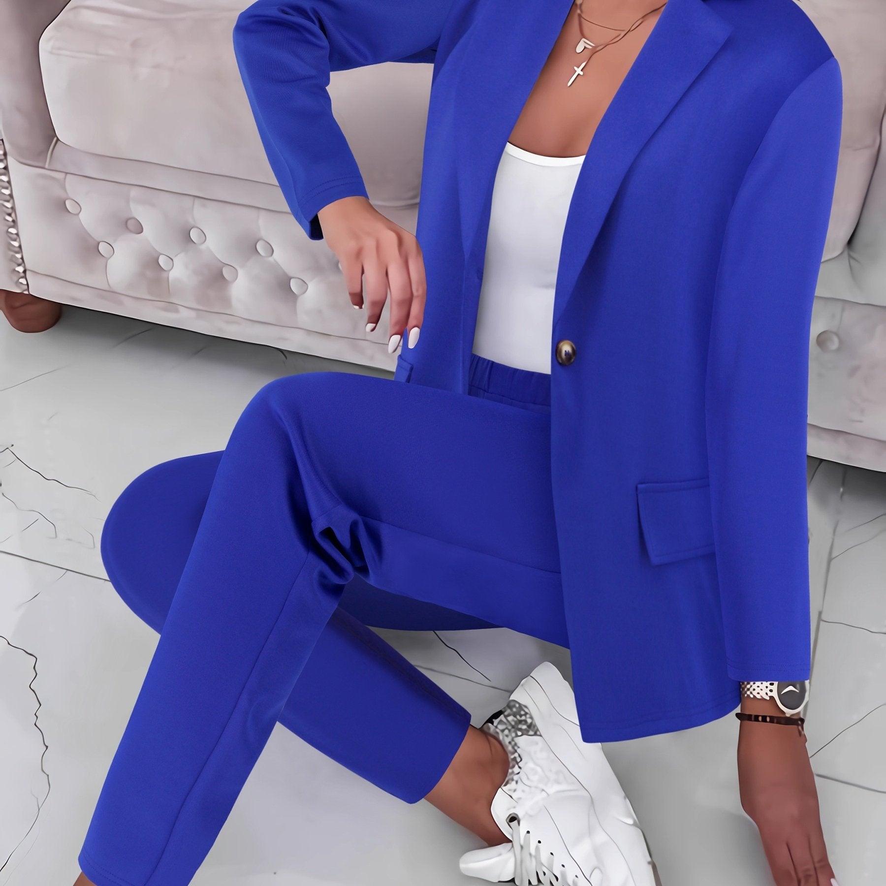 Casual Office & Work Pants Set, Single Breasted Lapel Blazer & Solid Color Simple Pants, Women's Clothing - Mammalook