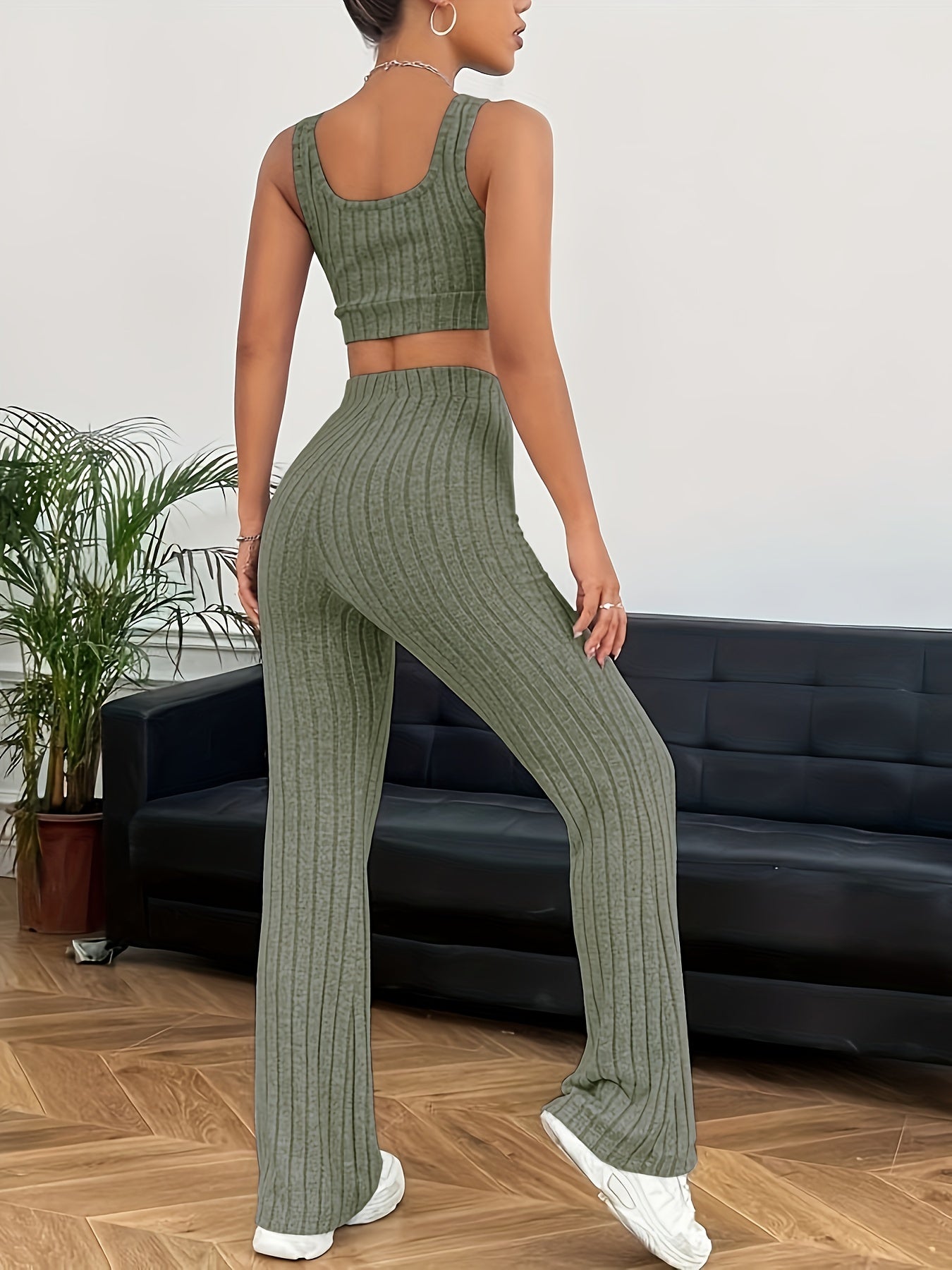 Ribbed Casual Two-piece Set, Crop Tank Top & High Waist Pants Outfits, Women's Clothing - Mammalook