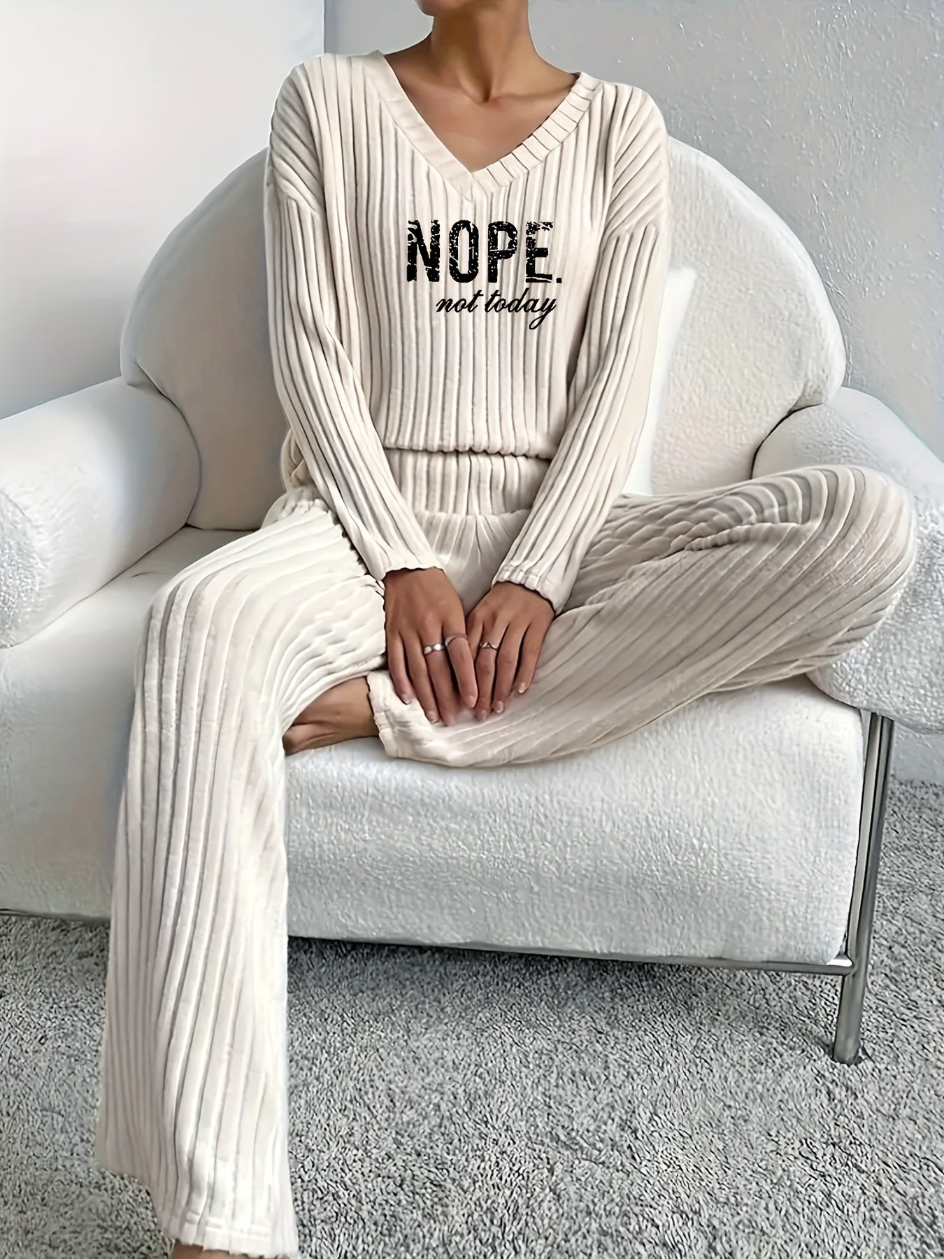 Women’s Casual Two-Piece Set: ‘NOPE’ Print V-Neck Long Sleeve T-Shirt & Solid Pants - Mammalook