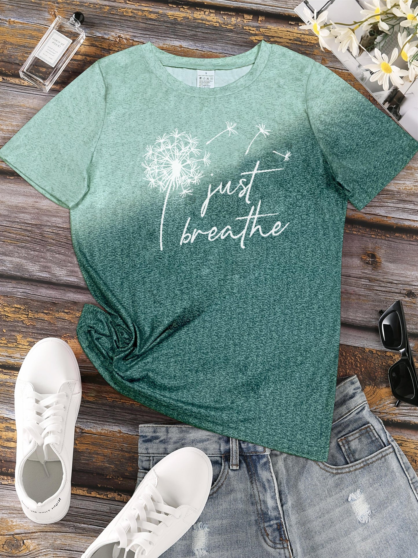 Just Breathe & Dandelion Print T-shirt, Casual Crew Neck Short Sleeve Top, Women's Clothing - Mammalook