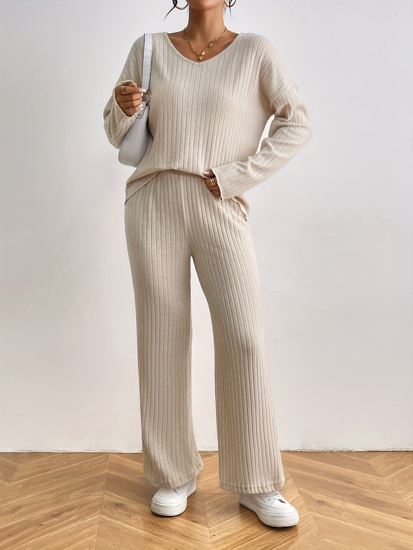 Women's Casual Ribbed Two-Piece Set: V-Neck Long Sleeve Top & Pants - Mammalook