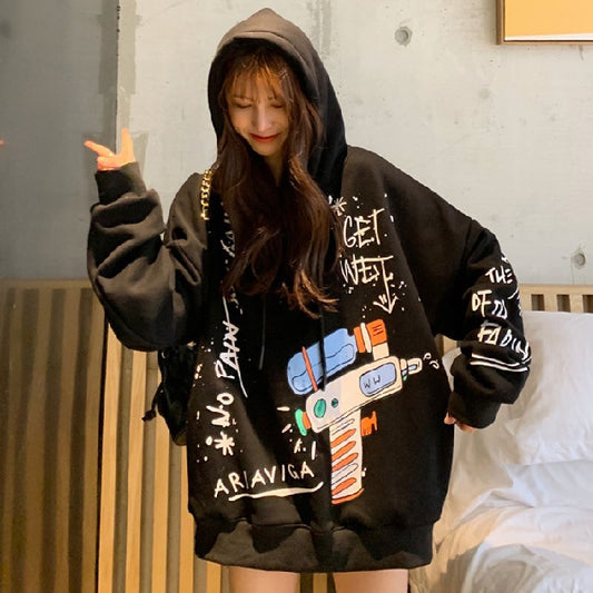 Sweater women's winter plush and thick coat women's fashion Instagram autumn/winter Korean loose mid length versatile hooded top - Mammalook