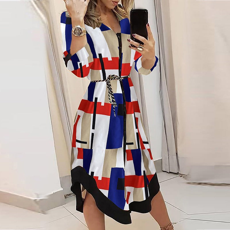 Mid length skirt printed plaid lapel tie up dress - Mammalook