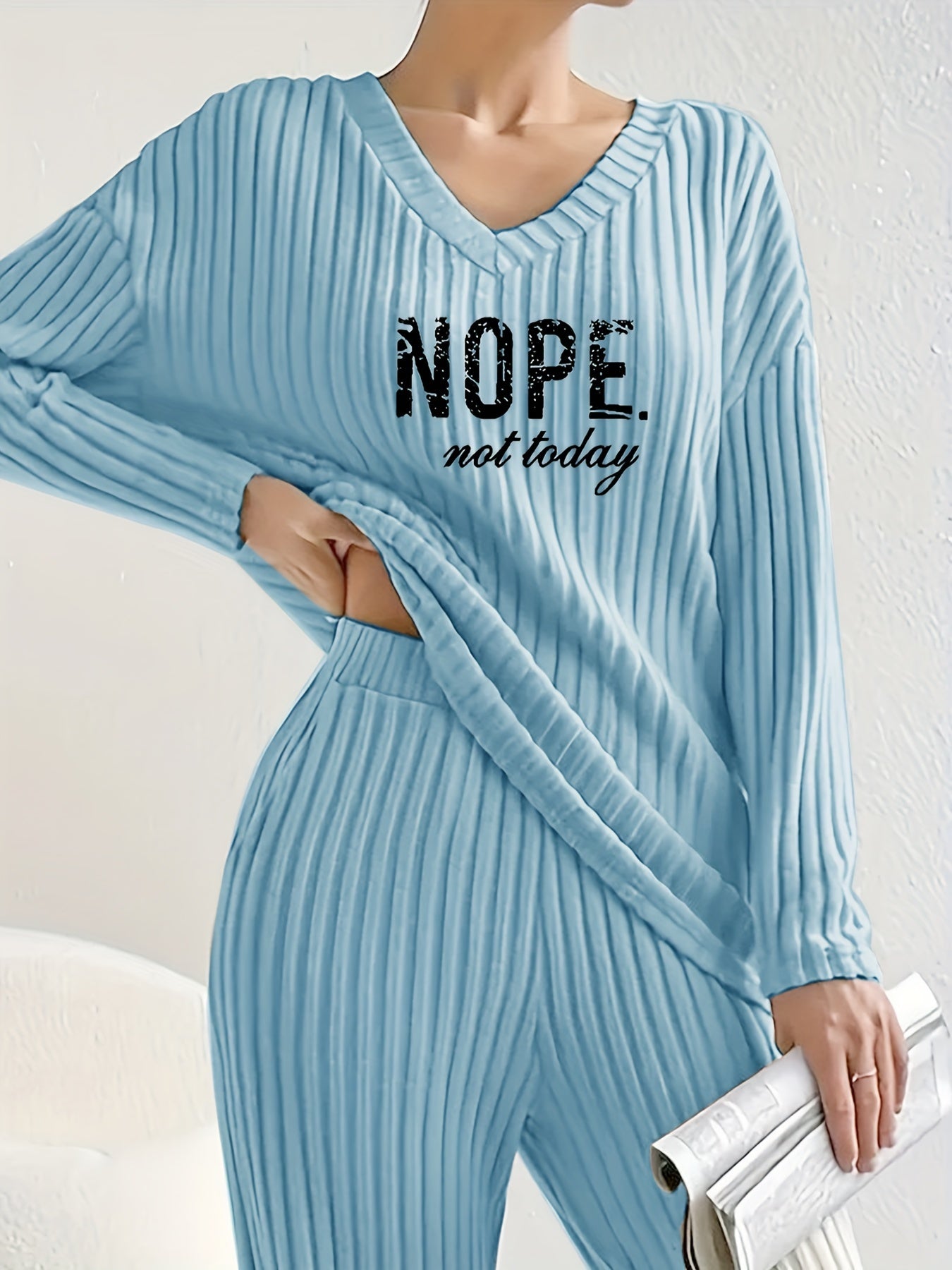 Women’s Casual Two-Piece Set: ‘NOPE’ Print V-Neck Long Sleeve T-Shirt & Solid Pants - Mammalook