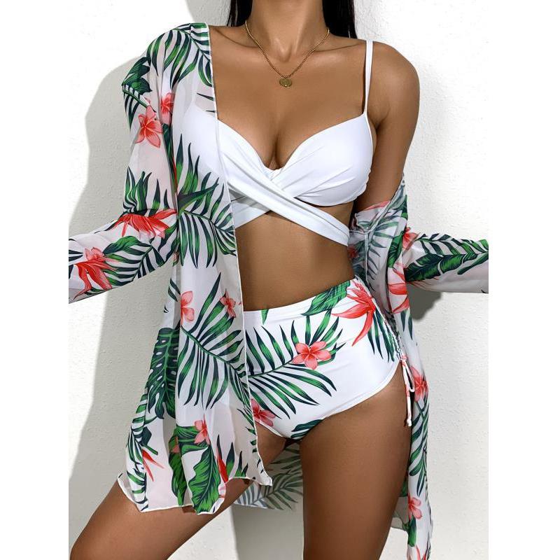 New Sexy Three Pieces Bikini Set Cover Up Swimwear Women Swimsuit Print Long Sleeve Bathing Suit Beachwear Swimming Biquini - Mammalook