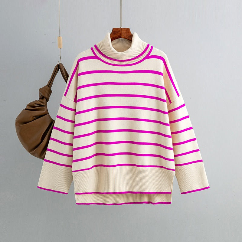 Elegant Autumn Winter Sweater Women Pullovers Loose Striped Casual Knit Chic Jumper Women Sweater - Mammalook