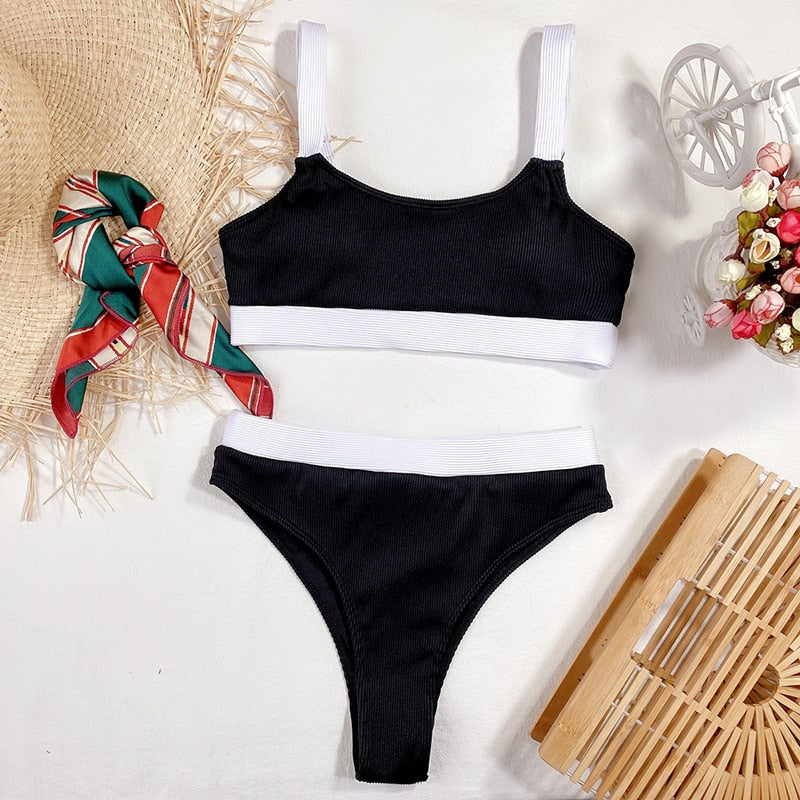 High Waist Bikinis Swimsuits Bandeau Swimwear Women Splicing Biquini Beachwear Sports Ribbed Bathing Suits New - Mammalook