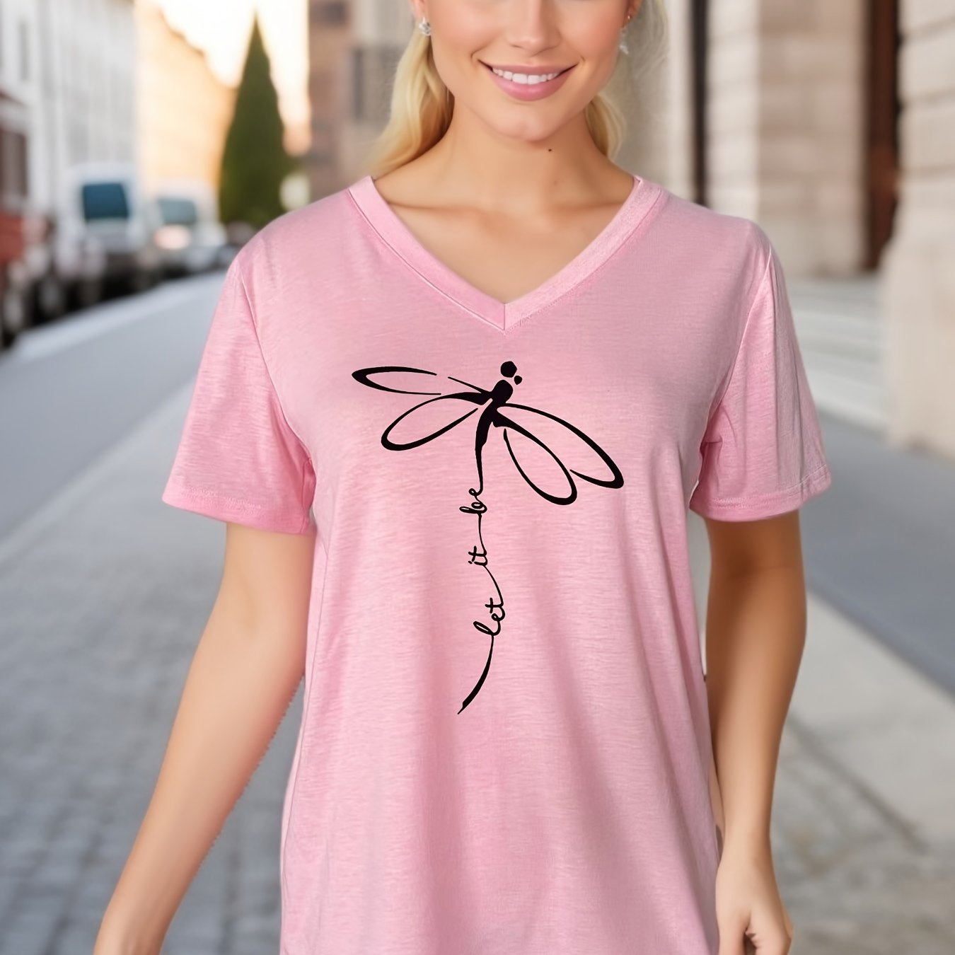 Dragonfly & Letter Print V Neck T-shirt, Casual Short Sleeve T-shirt For Summer, Women's Clothing - Mammalook