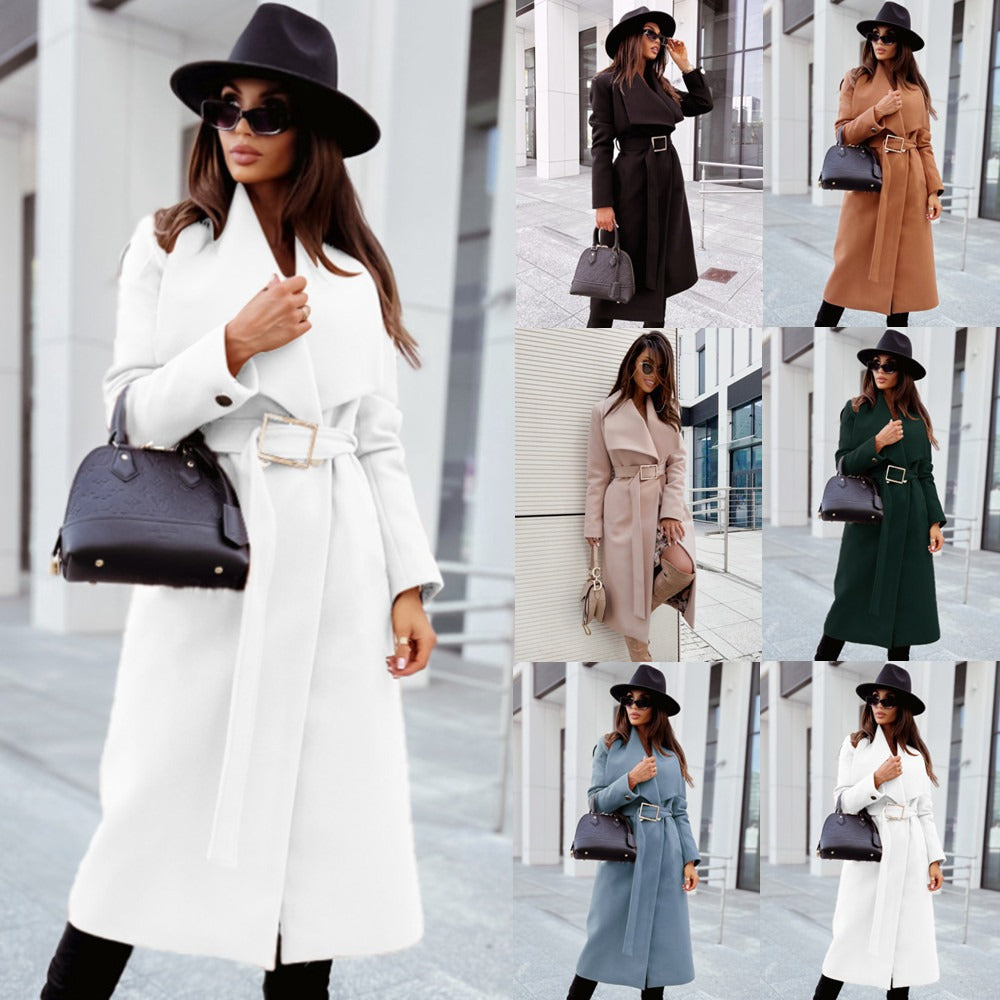 New autumn and winter minimalist long sleeved button up V-neck tied woolen jacket for women - Mammalook
