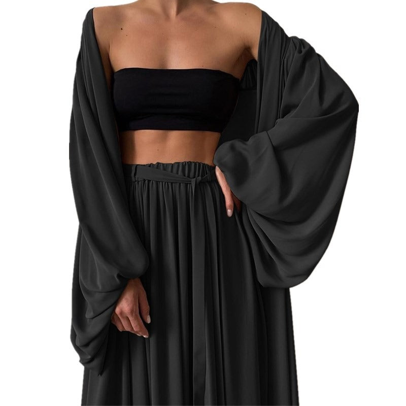 Loose Minimalist Three Piece Set For Women Slim Vest Lantern Long Sleeve Coat Wide Leg Pants Casual Sets Female - Mammalook