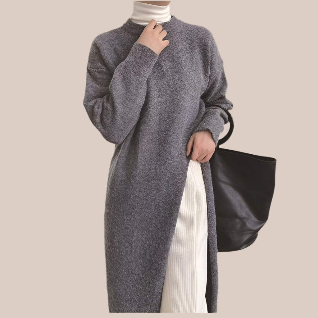 Women's Autumn New Dress O-neck Long Sleeve Loose Knitted Irregular High Split Pullover Sweater Dresses