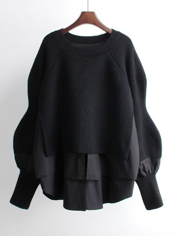 Shirt patchwork pullover sweater for women's autumn and winter vacation two-piece loose knit top, stylish lantern sleeves, versatile sweater - Mammalook