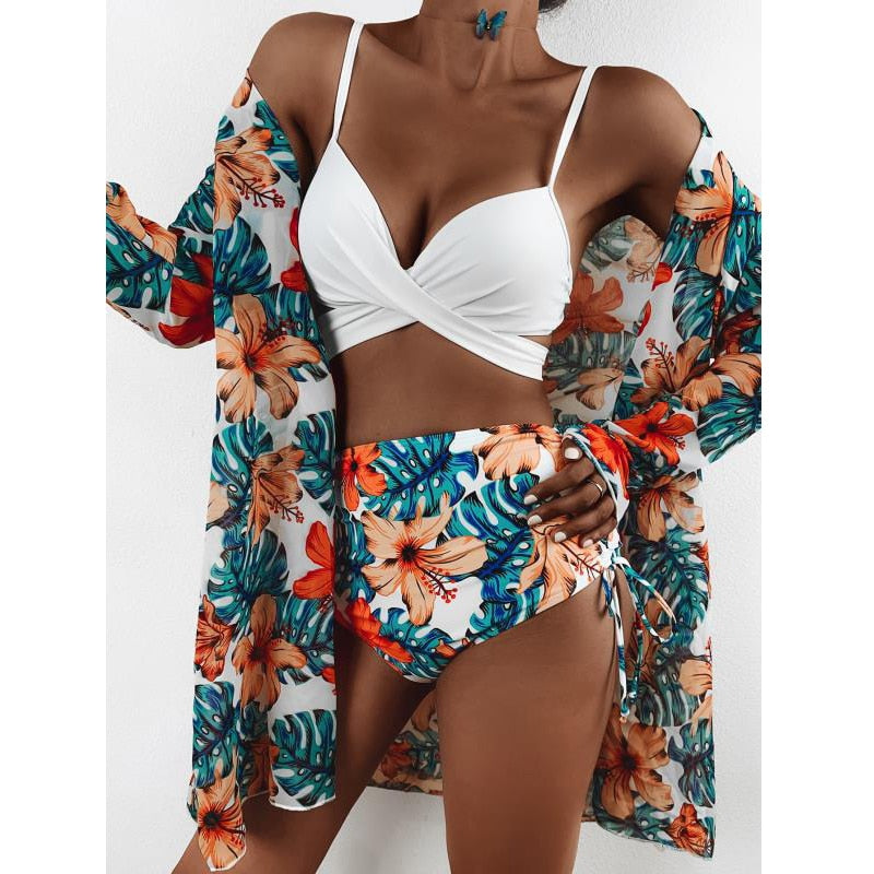 New Sexy Three Pieces Bikini Set Cover Up Swimwear Women Swimsuit Print Long Sleeve Bathing Suit Beachwear Swimming Biquini - Mammalook