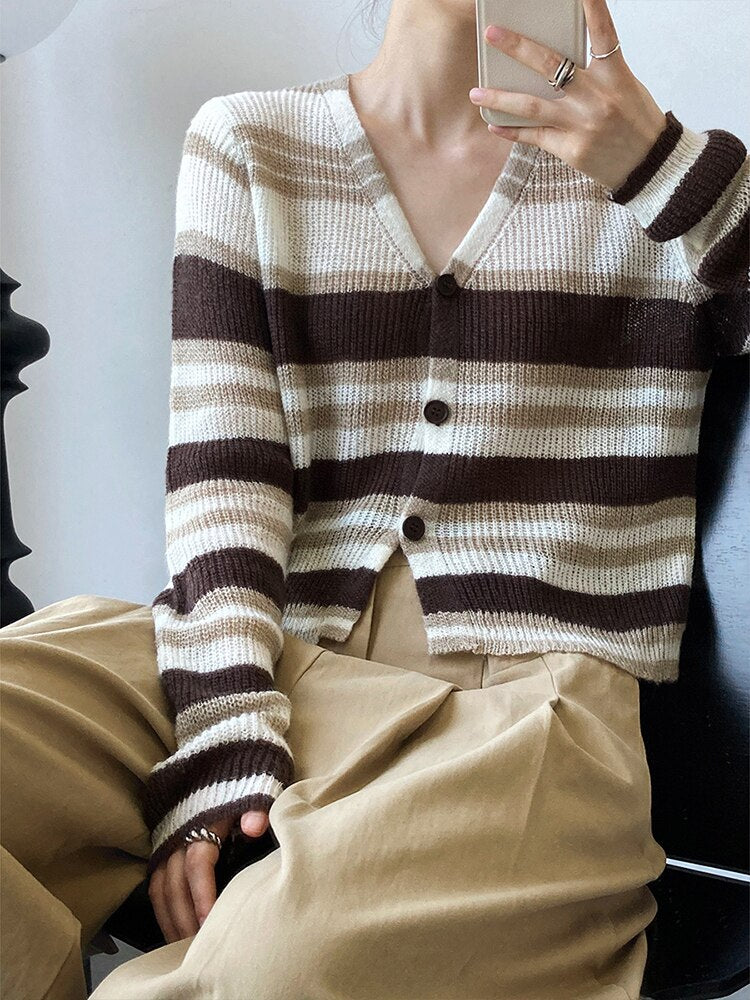 Blue Striped Thin Knitting Cardigan Sweater Loose Fit V-Neck Long Sleeve Women New Fashion Trend Autumn Winter - Mammalook