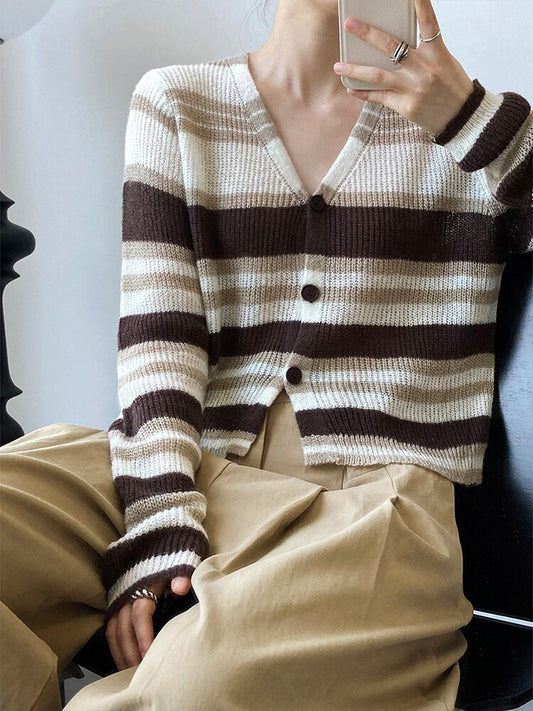 Blue Striped Thin Knitting Cardigan Sweater Loose Fit V-Neck Long Sleeve Women New Fashion Trend Autumn Winter - Mammalook