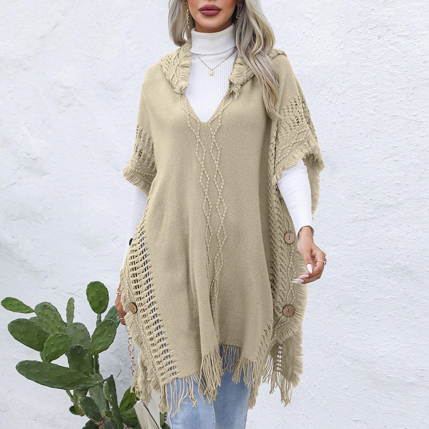 Women's casual loose V-necktie hat pullover medium length sweater vest cape top jacket - Mammalook