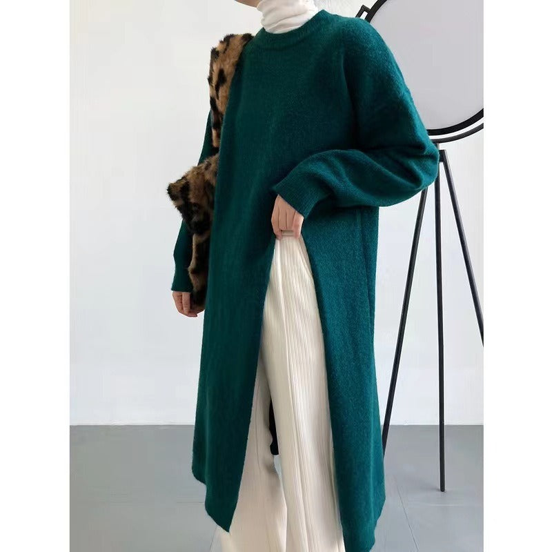 Women's Autumn New Dress O-neck Long Sleeve Loose Knitted Irregular High Split Pullover Sweater Dresses - Mammalook