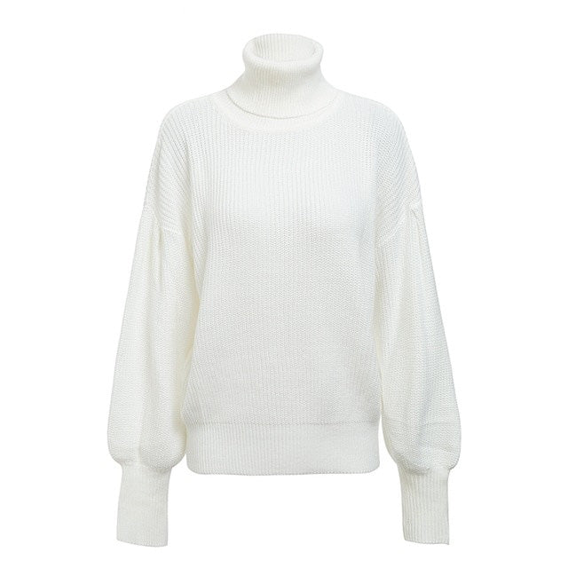 Turtleneck red winter sweater women knit Lantern sleeve white sweater female Loose oversized pullover knitted jumper - Mammalook