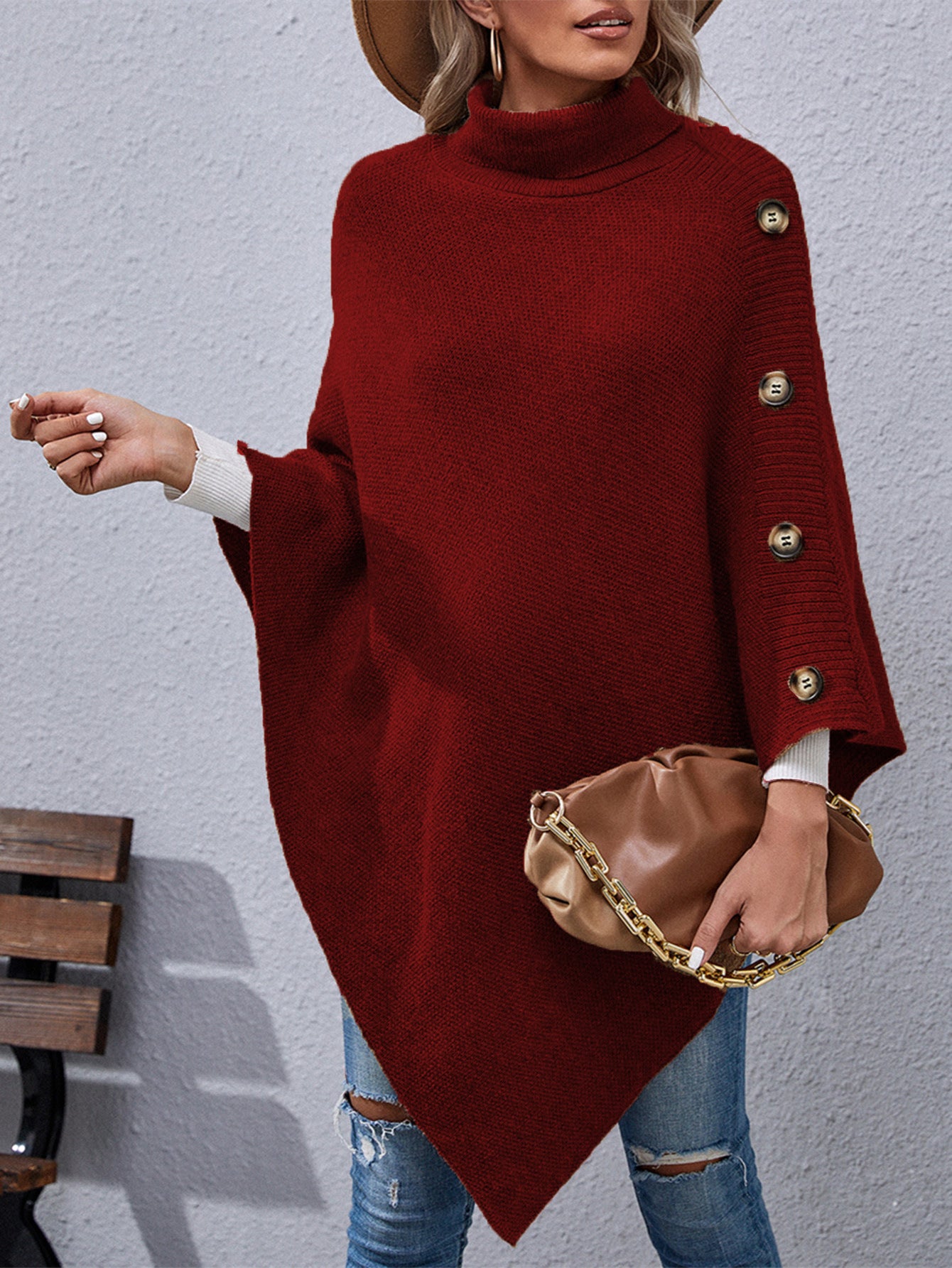 Button High Collar Irregular Sweater Cape for Women - Mammalook
