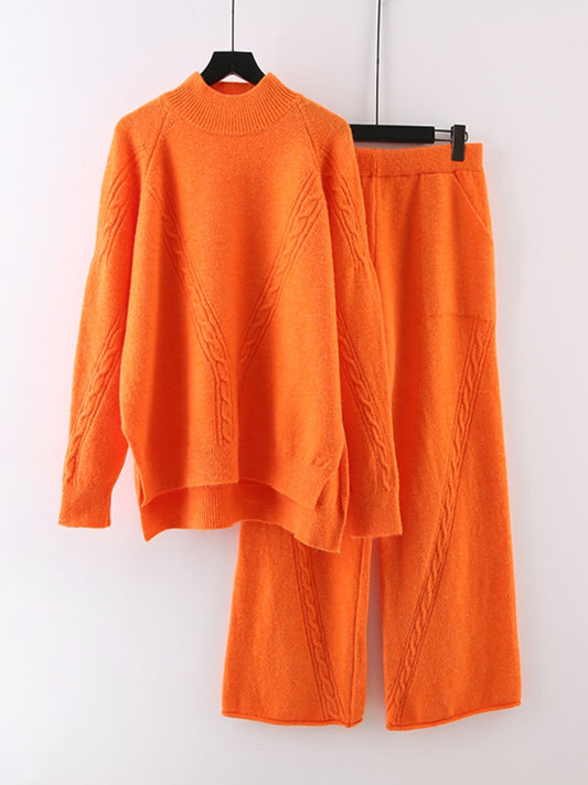 Woman Knitted Suit Hemp Pattern Irregular Thick Pullover Sweater Wide Leg Pants Casual Style New Autumn Fashion - Mammalook