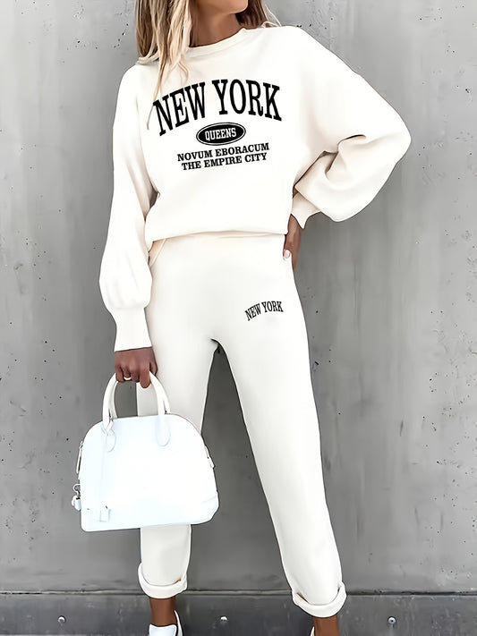 Women's Casual Two-Piece Set: Letter Print Crew Neck Sweatshirt & Elastic Waist Straight-Leg Pants - Mammalook