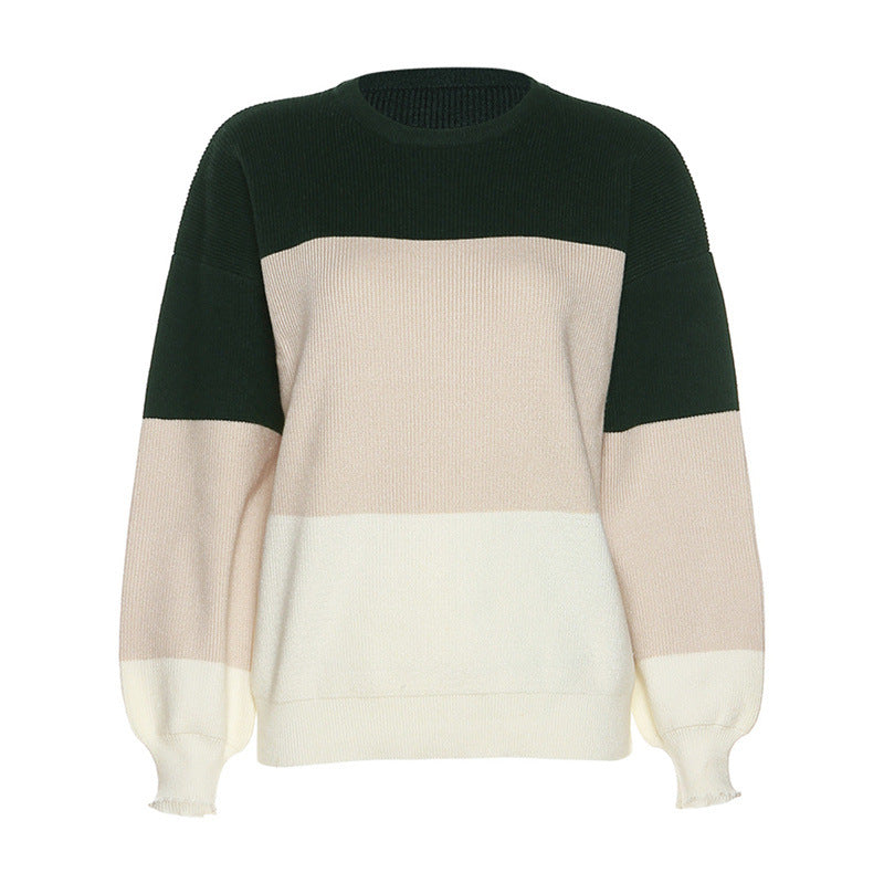 Autumn Women's New Fashion Color Contrast Splice Slim Round Neck Long Sleeve Slim Knitted Sweater - Mammalook