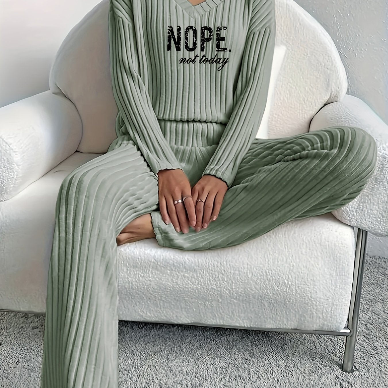 Women’s Casual Two-Piece Set: ‘NOPE’ Print V-Neck Long Sleeve T-Shirt & Solid Pants - Mammalook