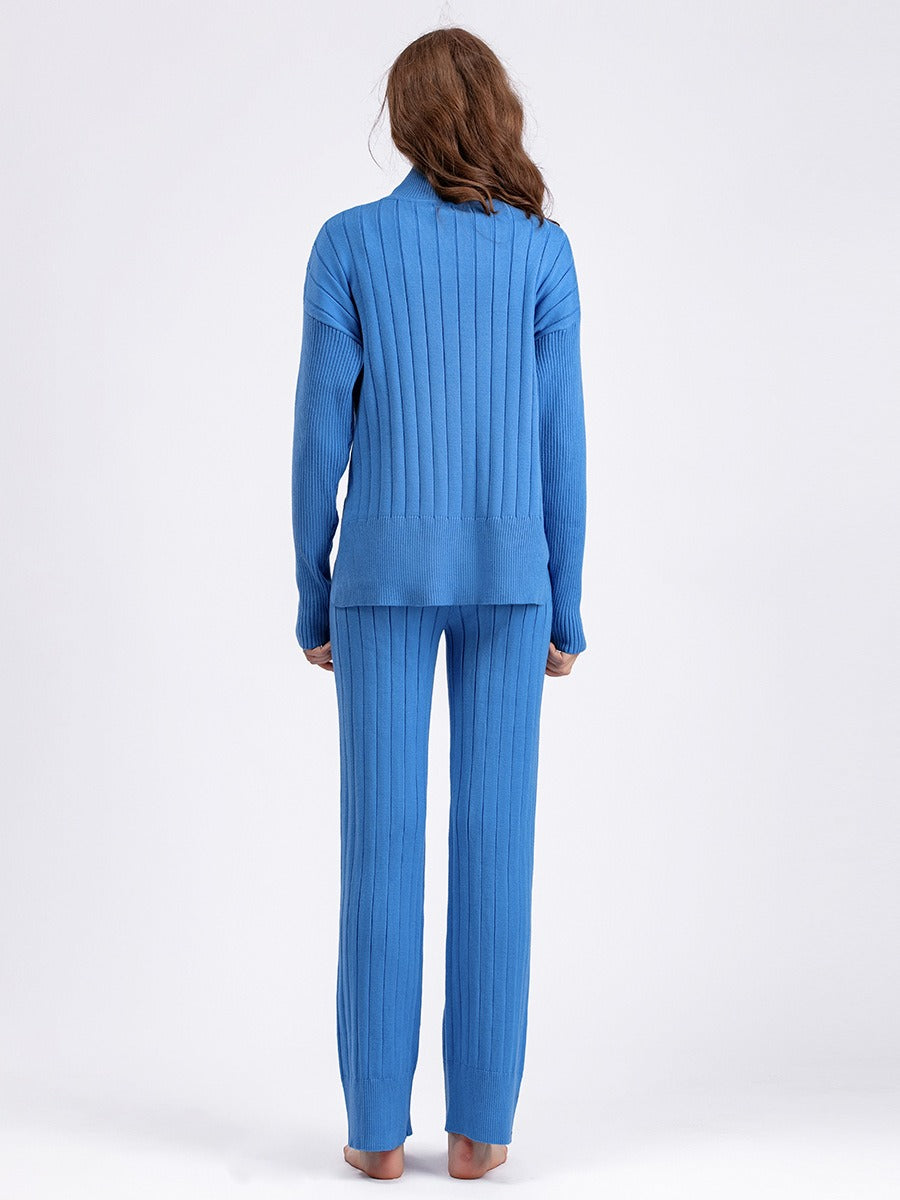 New Autumn and Winter Hollow Half Turtleneck Sweater Set Solid Color Loose Warm Pullover Two-piece Set - Mammalook
