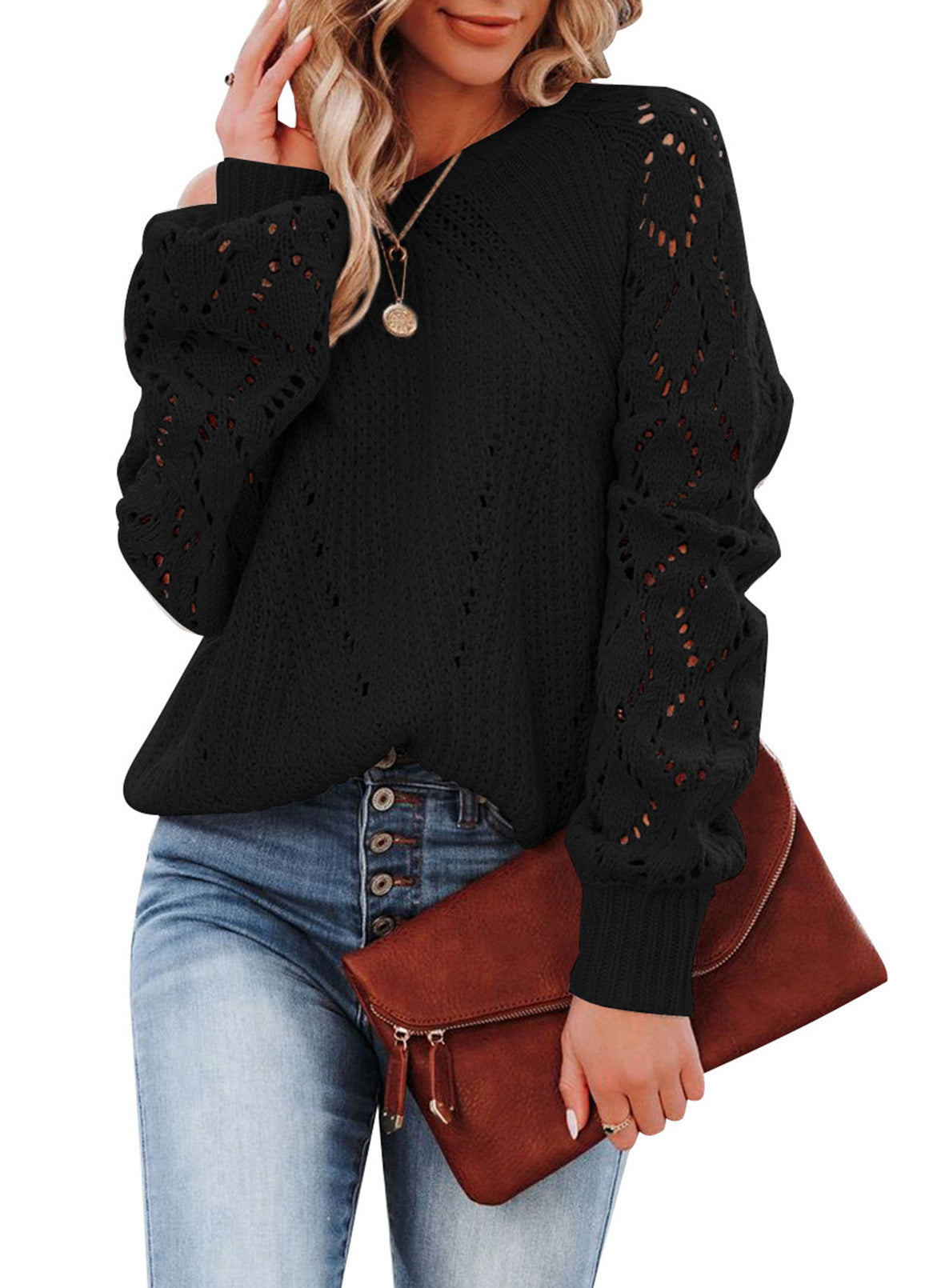 Solid Color Loose Top Women's Autumn And Winter New Hollow Pattern Round Neck Sweater - Mammalook