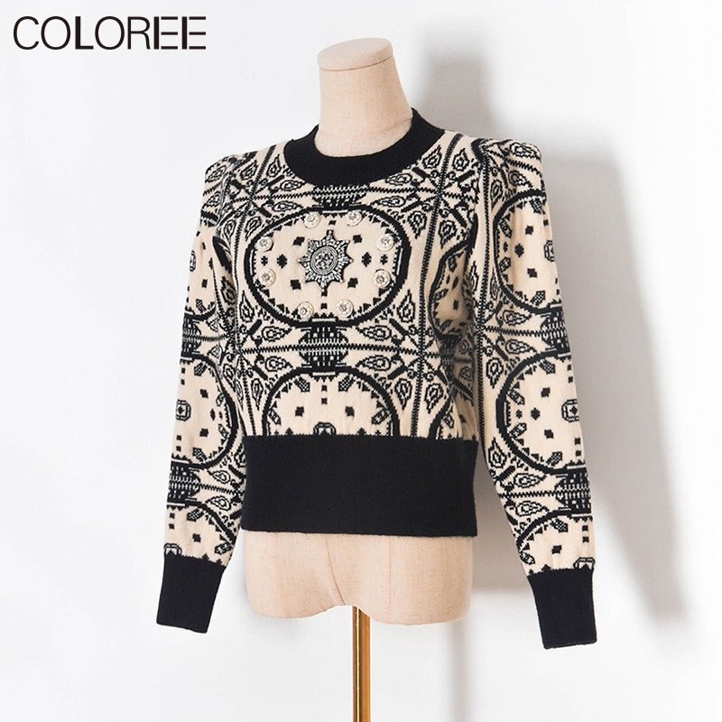 Vintage Jacquard Beading Sweaters for Women Fashion 2022 Autumn Winter Clothes Runway Designer Pull Femme Suéter De Navidad - Mammalook