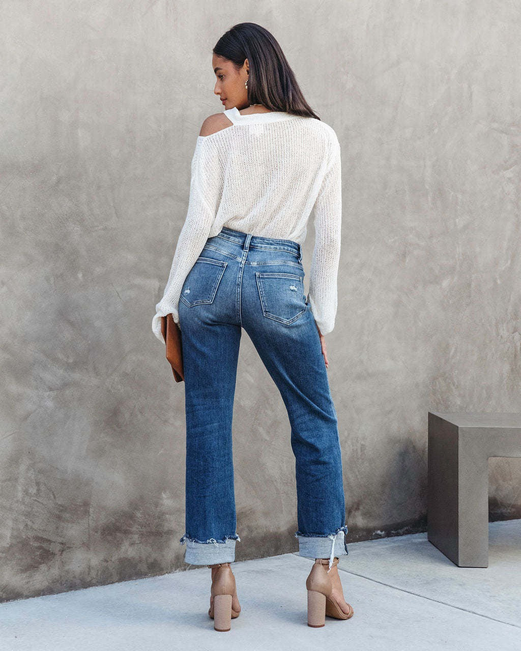 High Waist Button Splicing Straight Jeans Women Fashion Urban Casual Commuter Denim Pants Ladies Broken Holes Trousers Washable - Mammalook