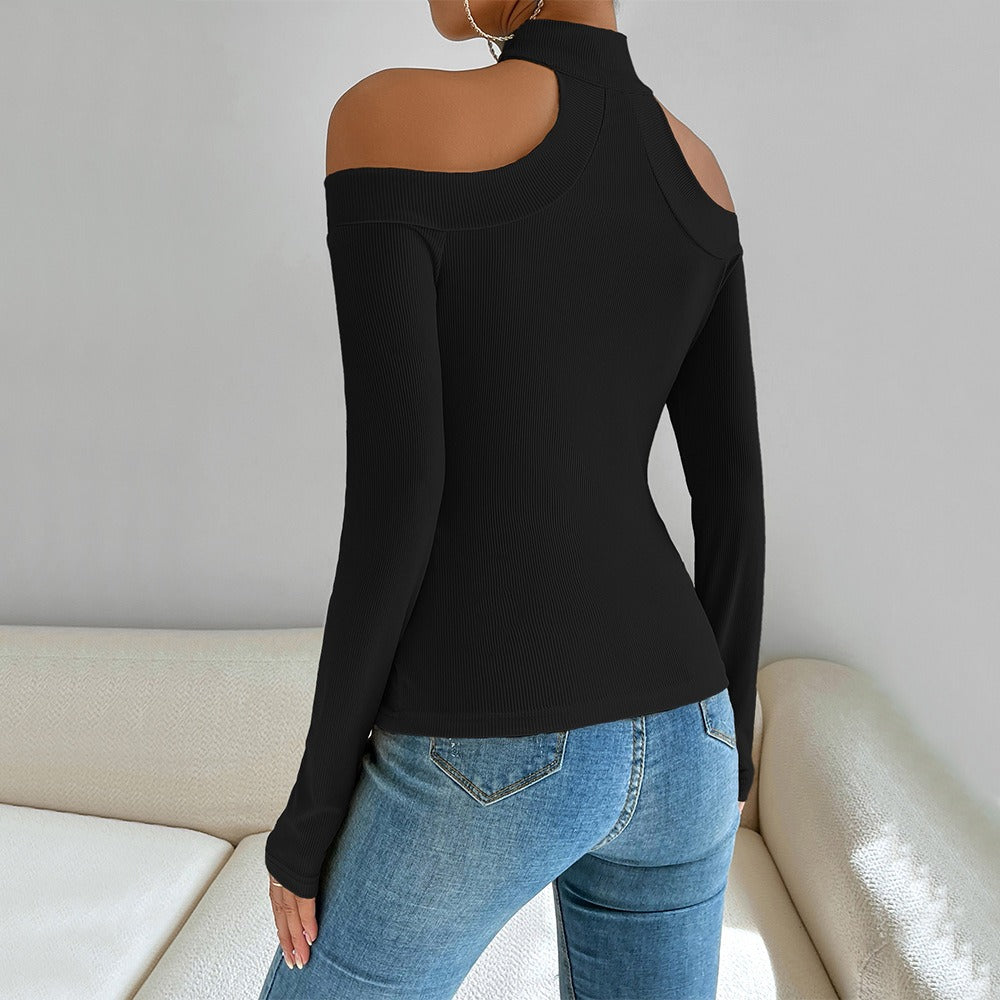 Off shoulder slim knit long sleeved t-shirt with versatile temperament top - Mammalook