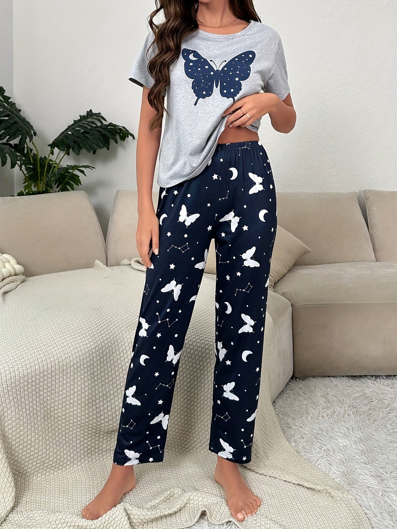 Women's Butterfly & Constellation Print Casual Pajama Set, Short Sleeve Round Neck Top & Pants, Comfortable Relaxed Fit - Mammalook