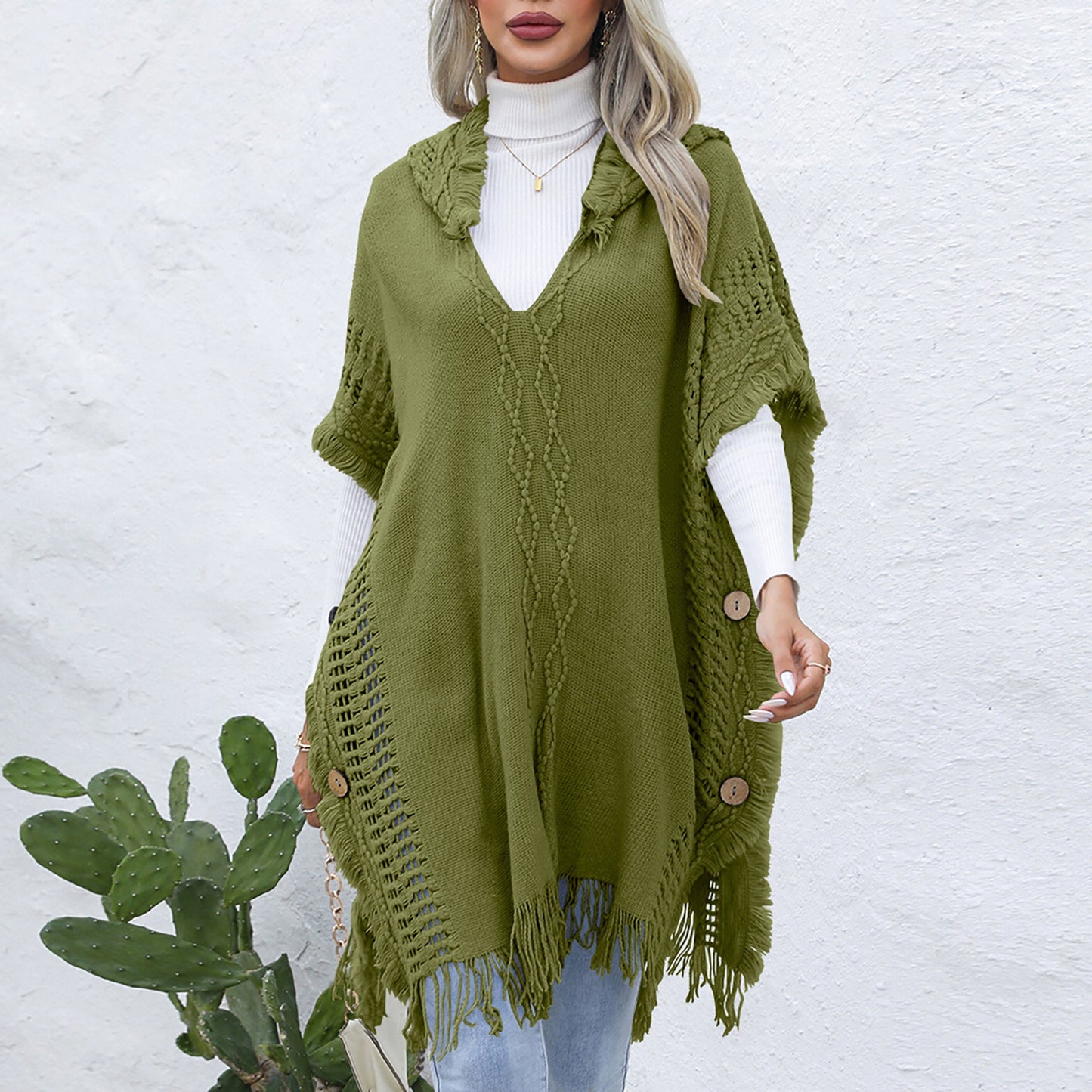 Women's casual loose V-necktie hat pullover medium length sweater vest cape top jacket - Mammalook
