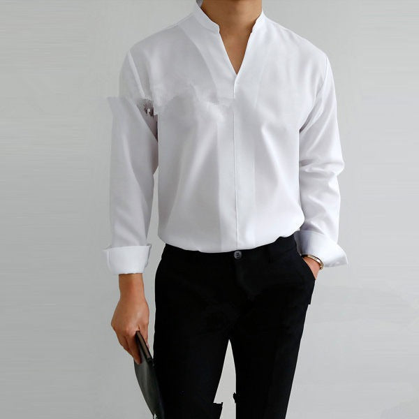 Shirt Men's Standing Collar Solid Color Fit Men's Shirt All Seasons - Mammalook