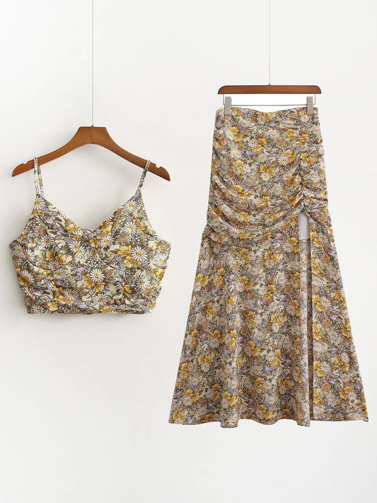 Spring And Summer New Women's Watermark Wrap Chest Top Slit Long Skirt Two-Piece Set - Mammalook