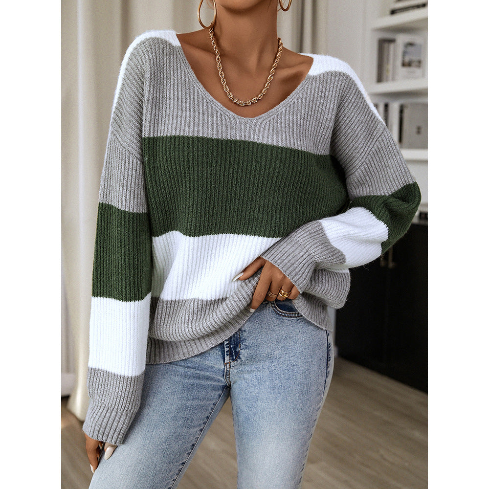 V-Neck Striped Sweater for Women - Mammalook