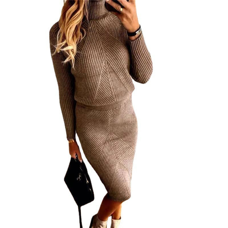 High necked knitted solid color pullover sweater set skirt - Mammalook