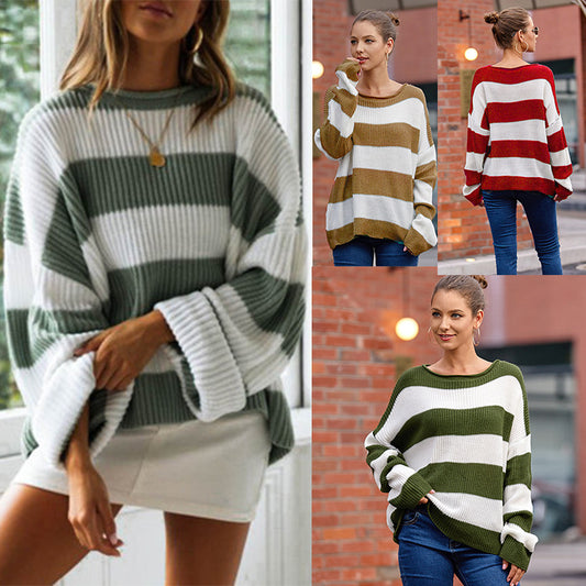 Women's Sweater – Rolled Edge Round Neck Striped Color Matching Knitted Sweater - Mammalook