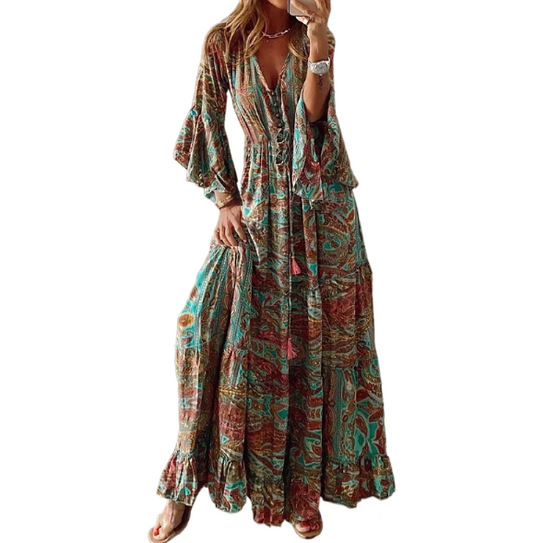 Bohemian retro printed high waisted holiday floral floral 3/4 sleeve dress for women - Mammalook