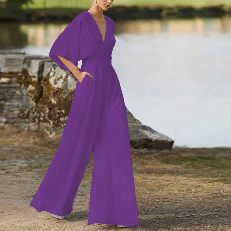 Jumpsuit deep V-high waist wide leg long pants women's dress - Mammalook