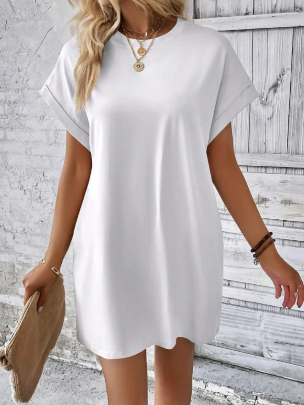 Women's outer round neck pocket short sleeved dress