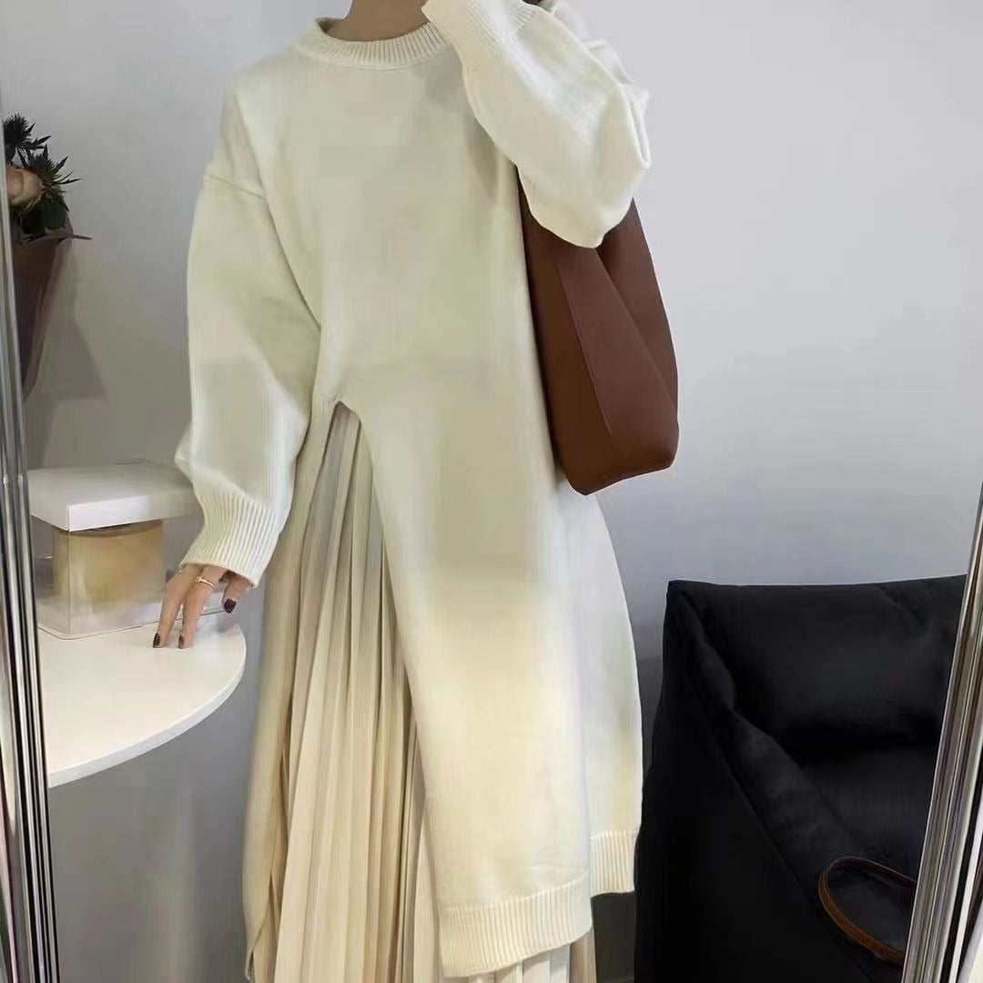 Women's Autumn New Dress O-neck Long Sleeve Loose Knitted Irregular High Split Pullover Sweater Dresses - Mammalook