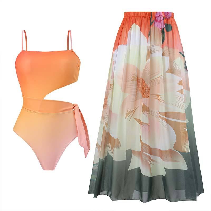 Gradient Print Fashion Swimsuit Set Cover Up Biquini Naranja Swimwear With Skirt Patchwork Women's Bandage Summer Beach - Mammalook