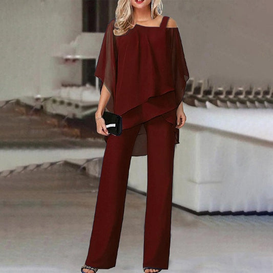 Women's New European and American Fashion Solid Color Loose Leisure Bat Sleeve Long Pants Irregular Fashion Casual Set - Mammalook