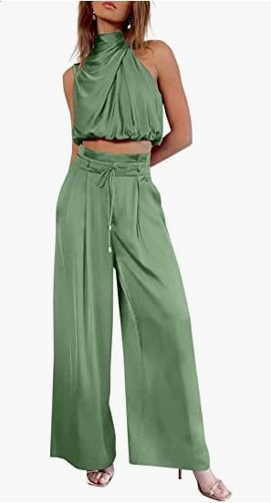 Two-piece set - sleeveless collar exposed top, wide leg pants
